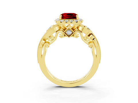 Yellow gold Cushion Cut Ruby Halo Ring with Milgrain Pavé Band and Four-Prong Setting_27