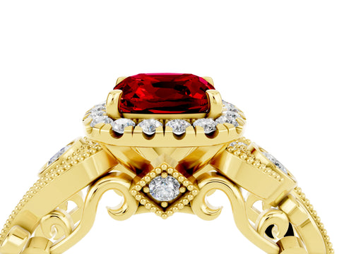 Yellow gold Cushion Cut Ruby Halo Ring with Milgrain Pavé Band and Four-Prong Setting_28