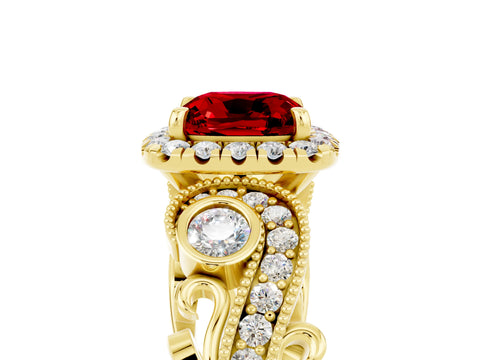 Yellow gold Cushion Cut Ruby Halo Ring with Milgrain Pavé Band and Four-Prong Setting_29