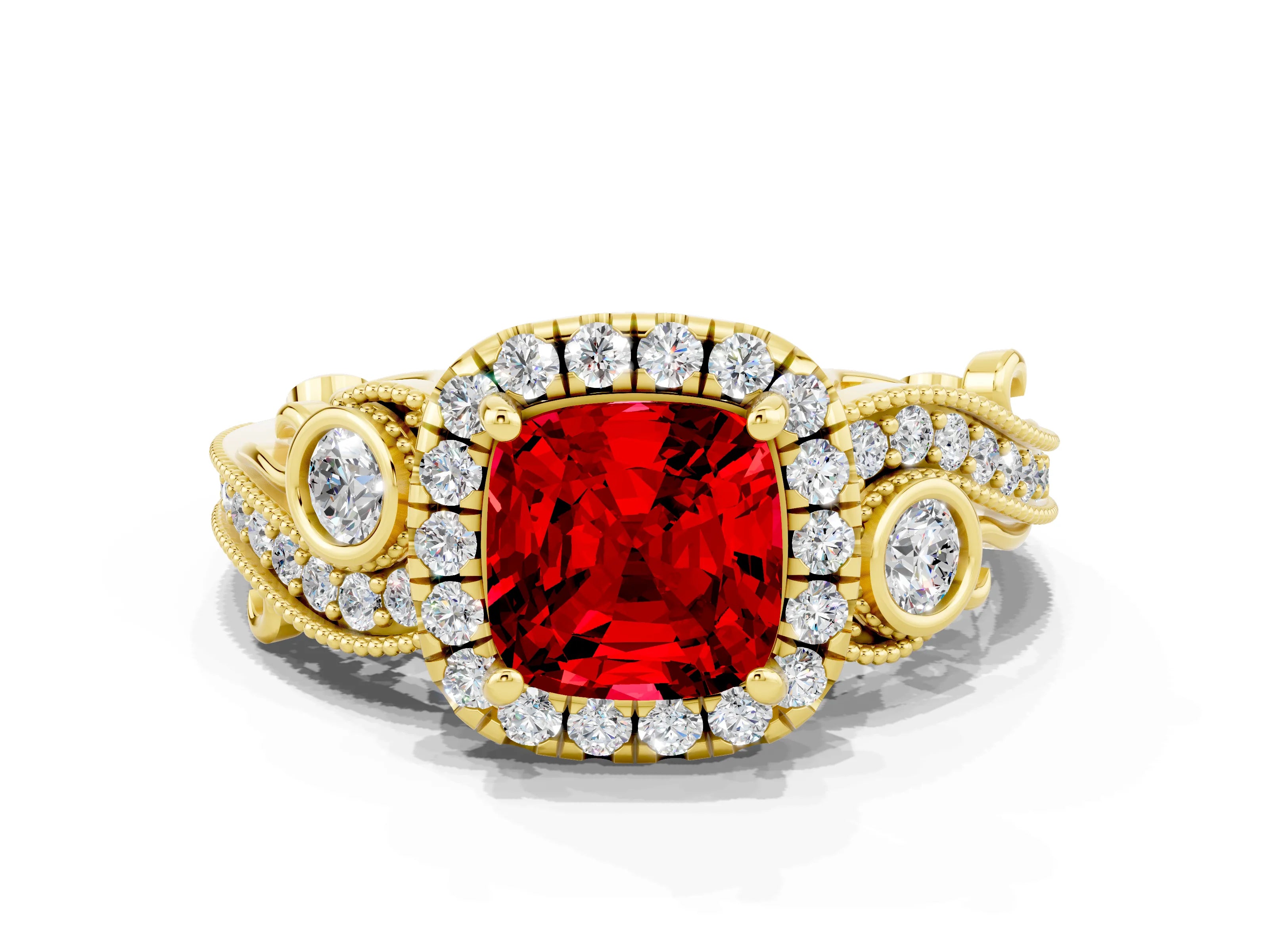 Yellow gold Cushion Cut Ruby Halo Ring with Milgrain Pavé Band and Four-Prong Setting_36