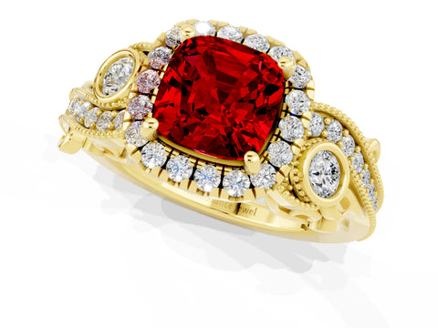 Yellow gold Cushion Cut Ruby Halo Ring with Milgrain Pavé Band and Four-Prong Setting_37