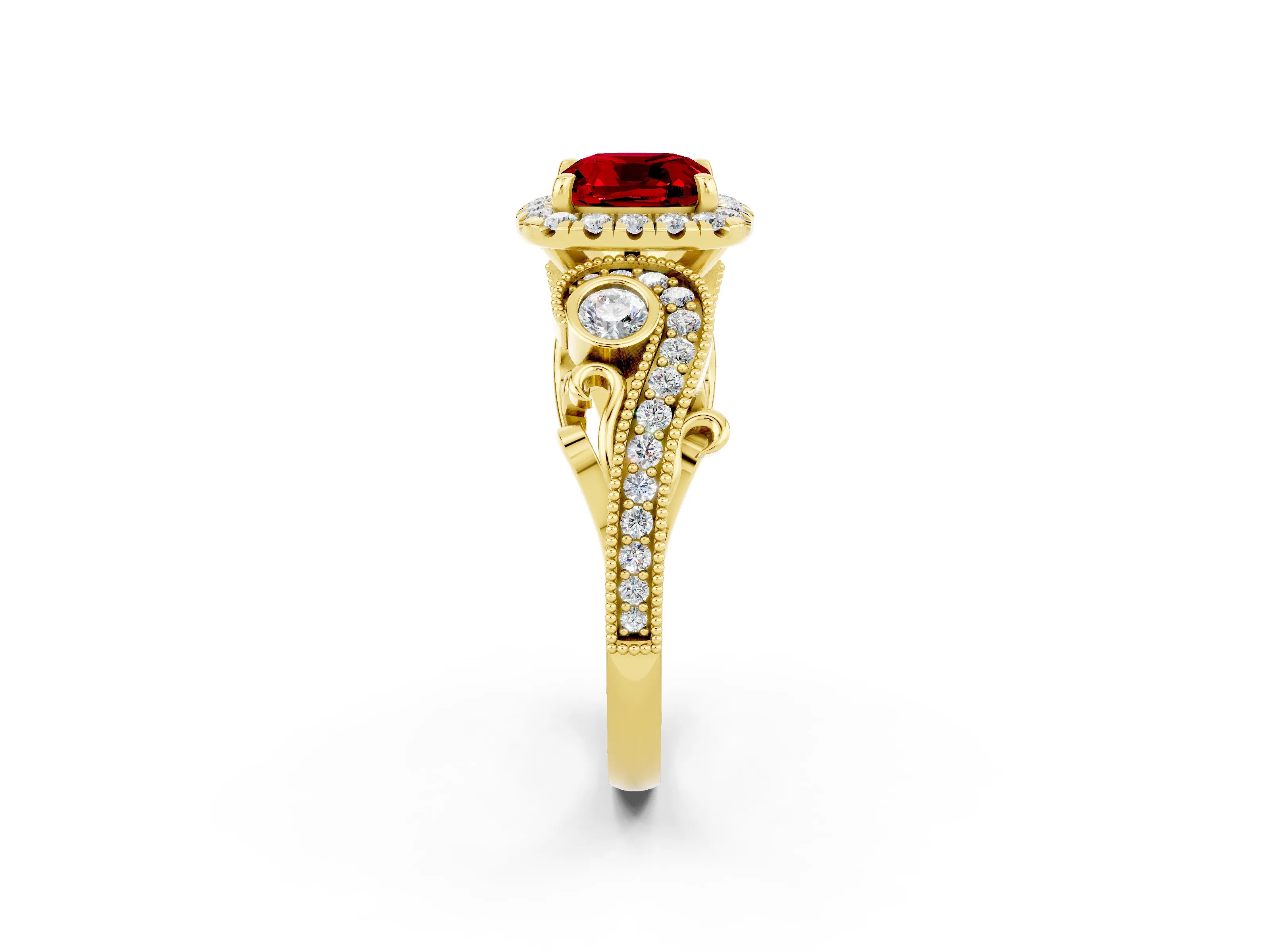 Yellow gold Cushion Cut Ruby Halo Ring with Milgrain Pavé Band and Four-Prong Setting_38