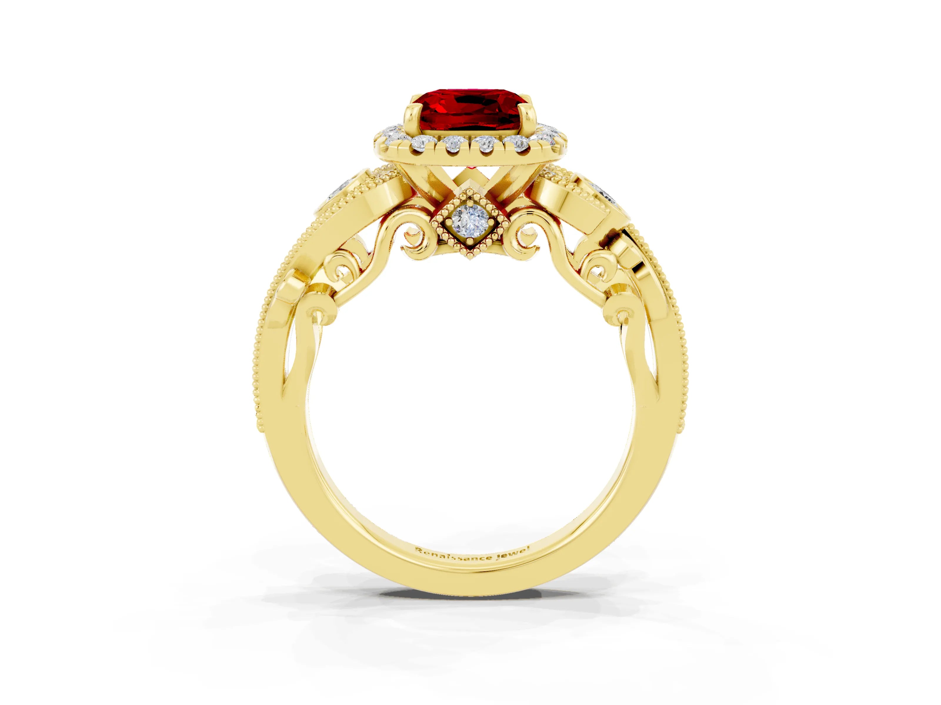 Yellow gold Cushion Cut Ruby Halo Ring with Milgrain Pavé Band and Four-Prong Setting_39