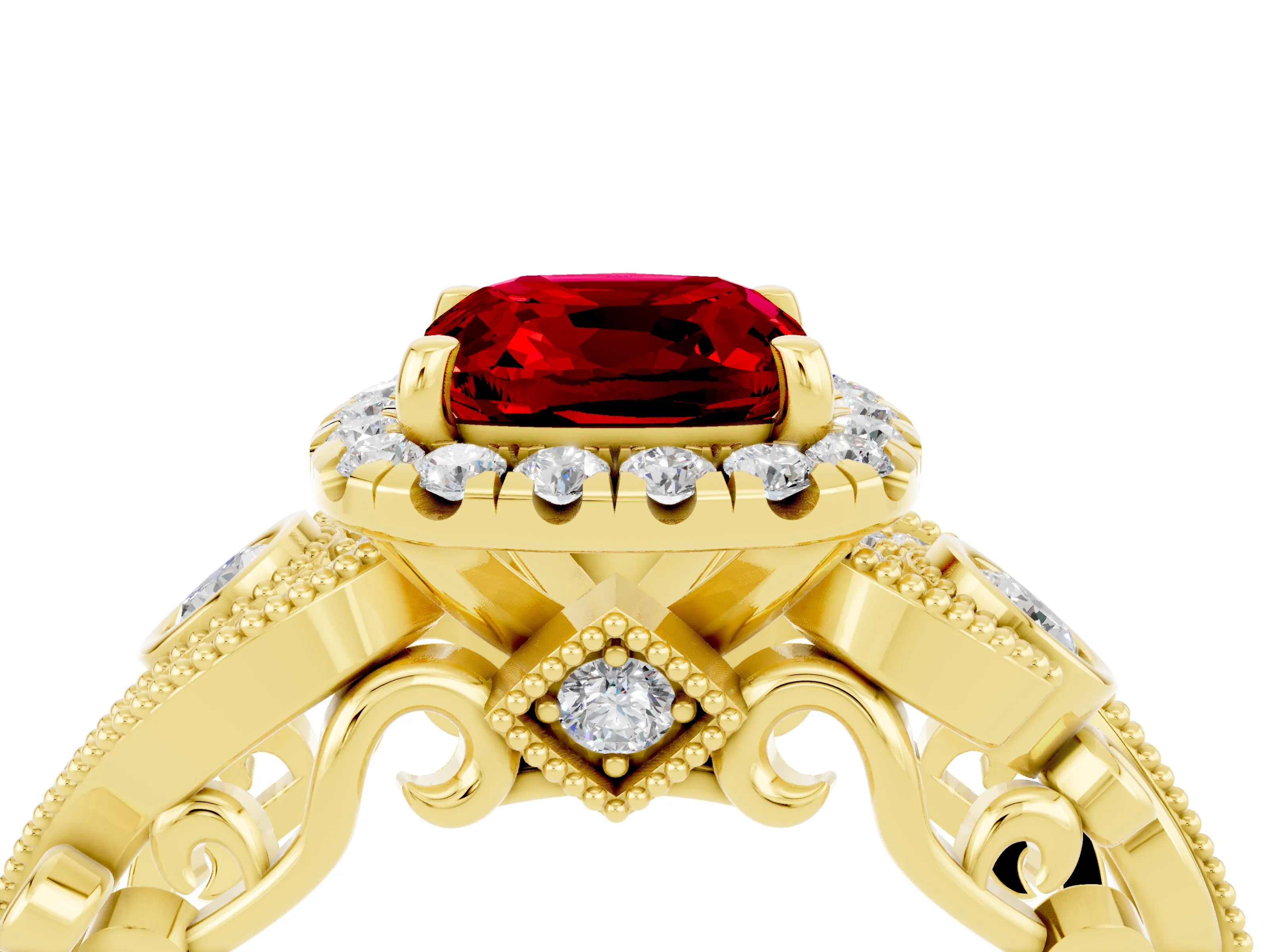 Yellow gold Cushion Cut Ruby Halo Ring with Milgrain Pavé Band and Four-Prong Setting_40