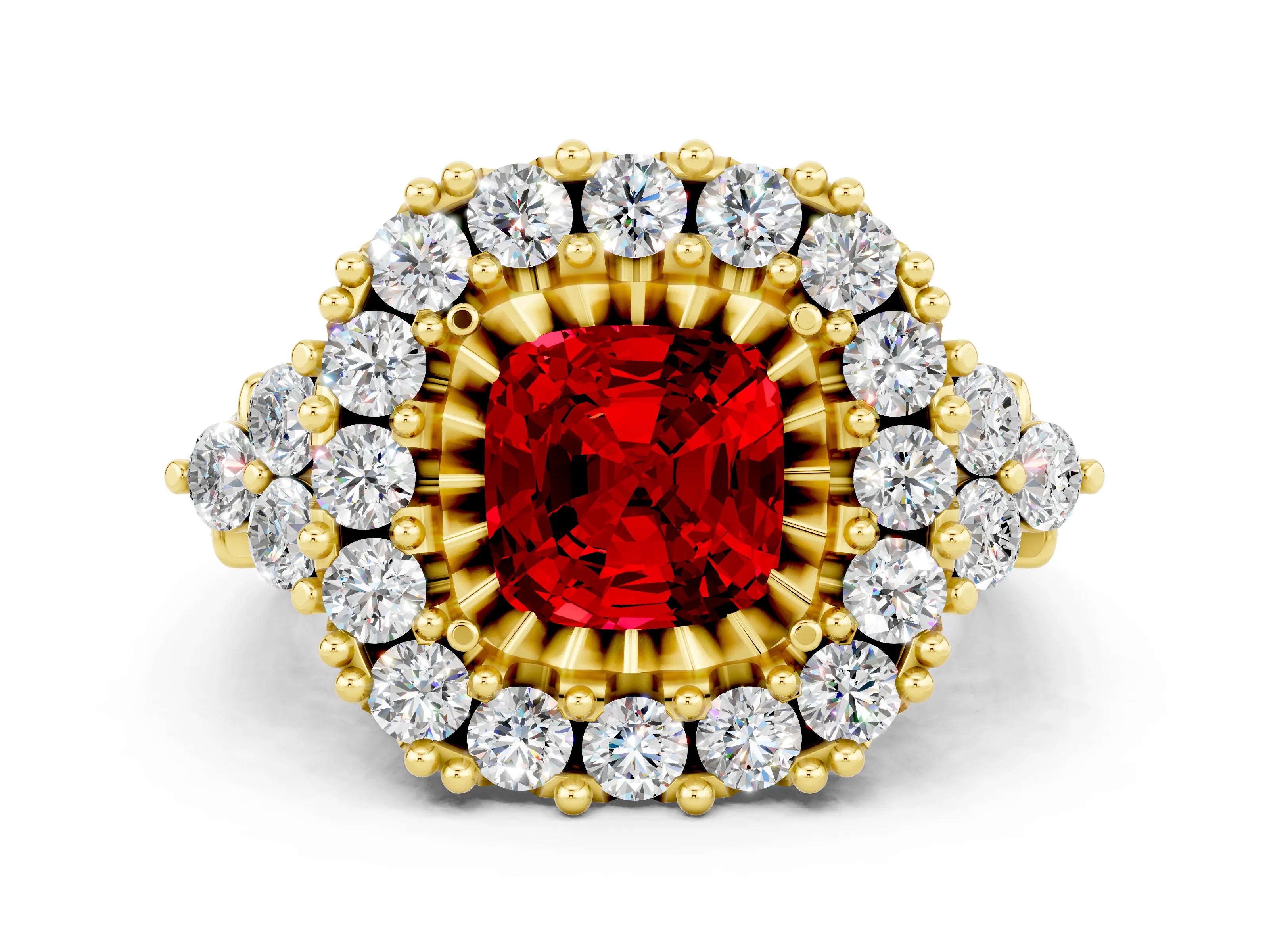 Yellow gold Cushion Cut Ruby Halo Ring with Pavé Band and Four-Prong Setting_12