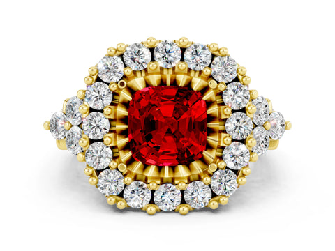 Yellow gold Cushion Cut Ruby Halo Ring with Pavé Band and Four-Prong Setting_12