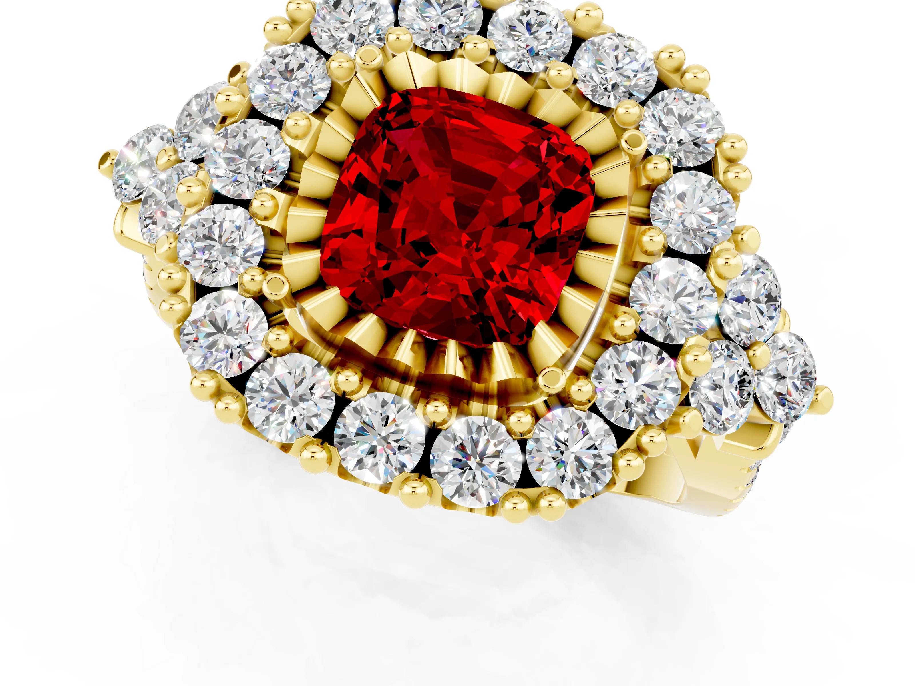 Yellow gold Cushion Cut Ruby Halo Ring with Pavé Band and Four-Prong Setting_13
