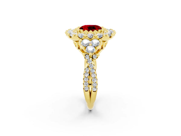 Yellow gold Cushion Cut Ruby Halo Ring with Pavé Band and Four-Prong Setting