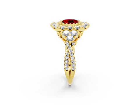 Yellow gold Cushion Cut Ruby Halo Ring with Pavé Band and Four-Prong Setting_14