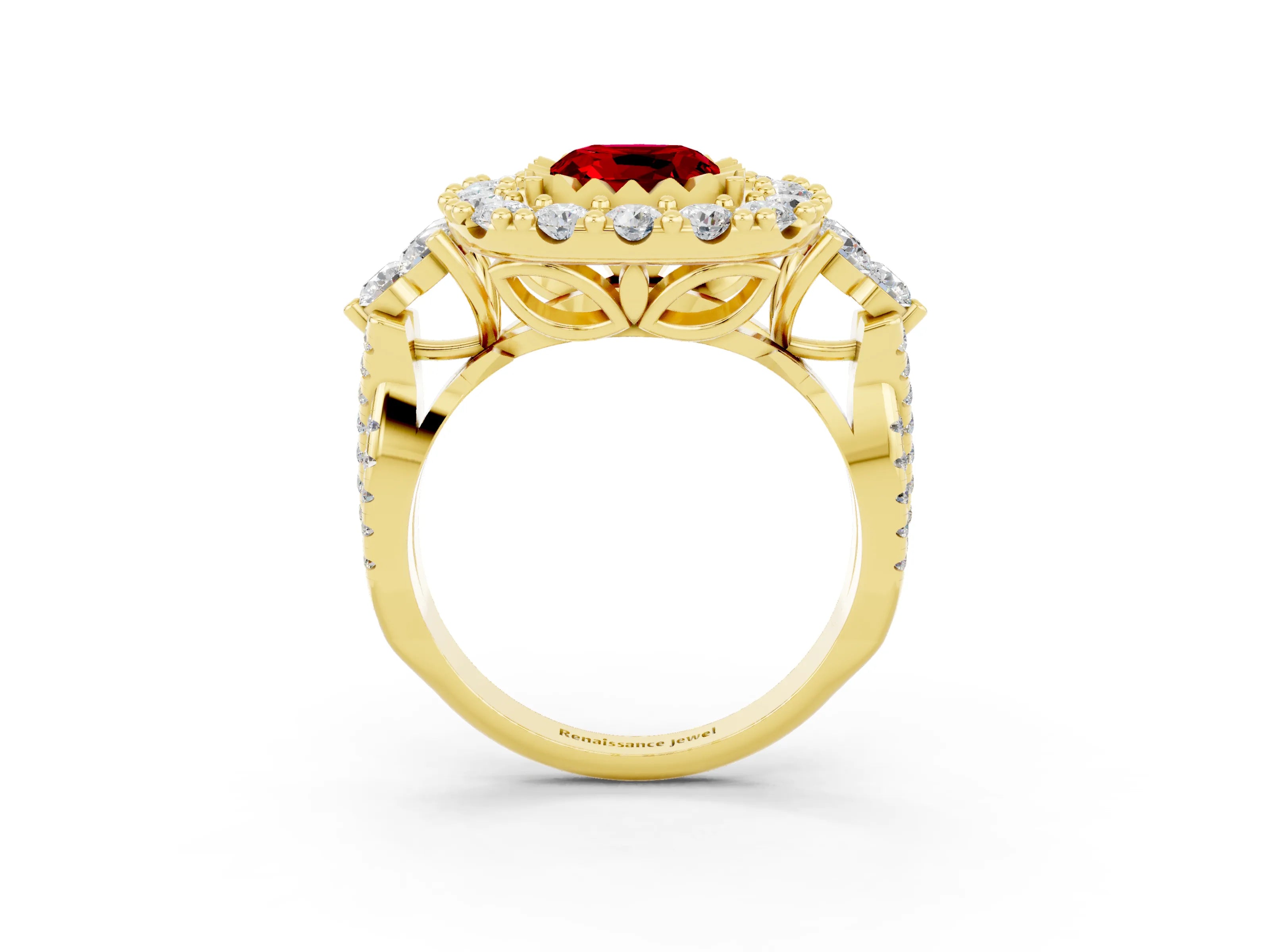 Yellow gold Cushion Cut Ruby Halo Ring with Pavé Band and Four-Prong Setting_15