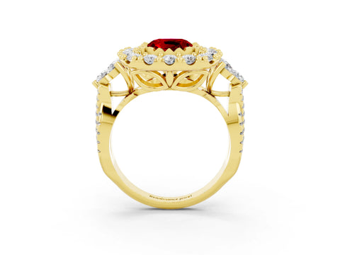Yellow gold Cushion Cut Ruby Halo Ring with Pavé Band and Four-Prong Setting_15