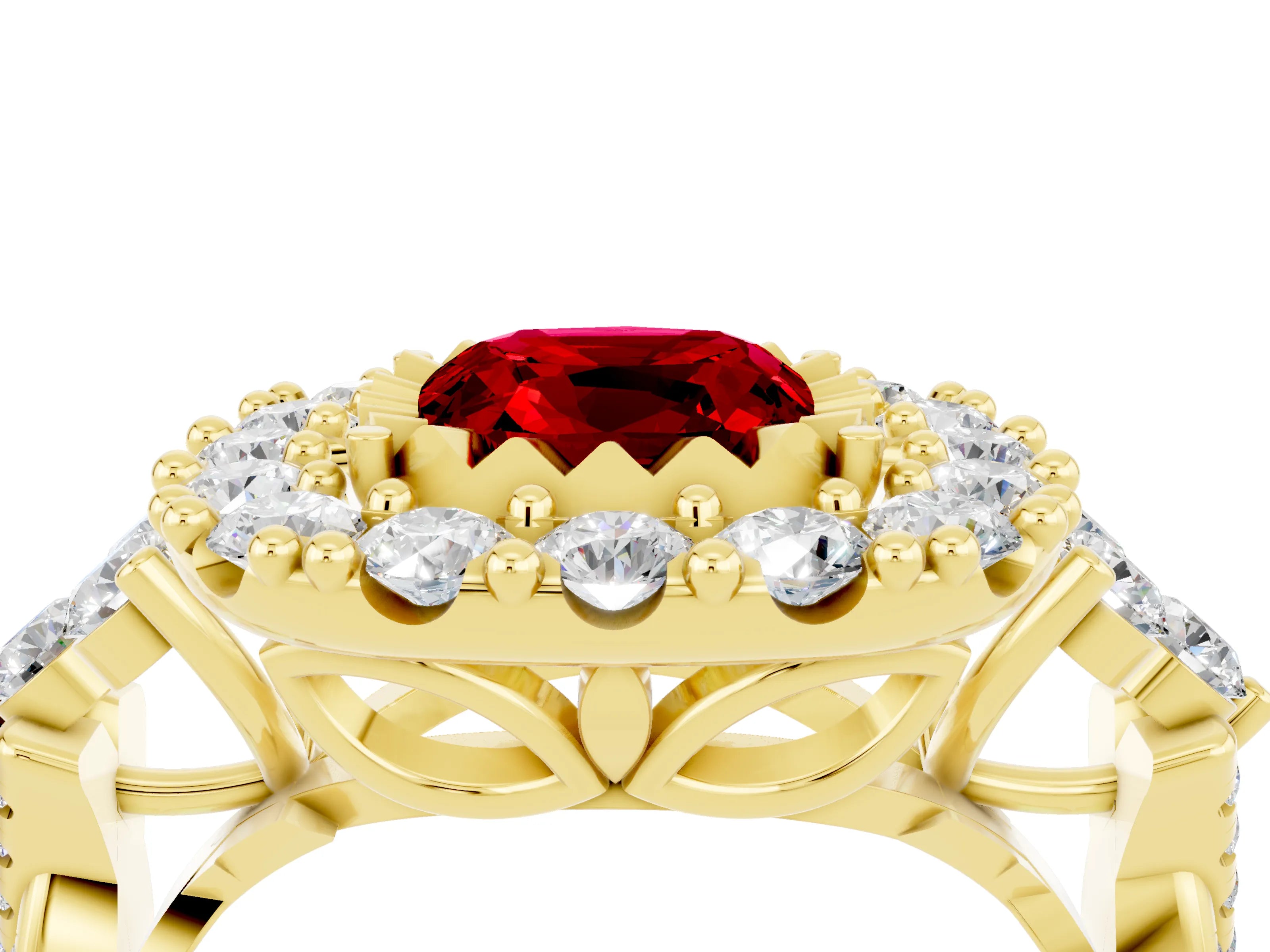 Yellow gold Cushion Cut Ruby Halo Ring with Pavé Band and Four-Prong Setting_16
