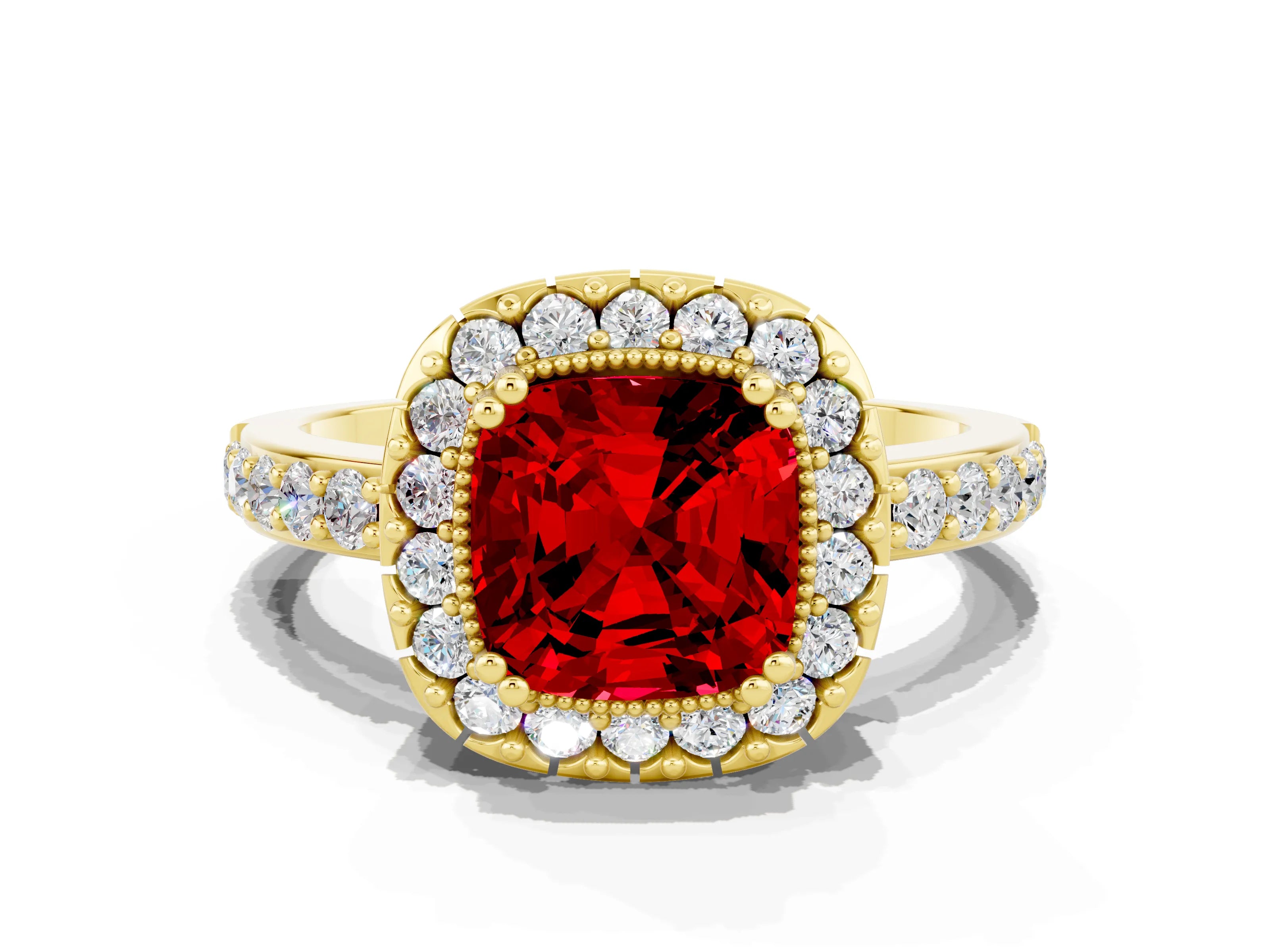 Yellow gold Cushion Cut Ruby Halo Ring with Pavé Band and Prong Setting
