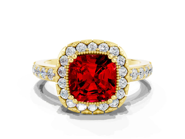 Yellow gold Cushion Cut Ruby Halo Ring with Pavé Band and Prong Setting