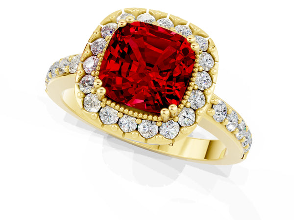 Yellow gold Cushion Cut Ruby Halo Ring with Pavé Band and Prong Setting
