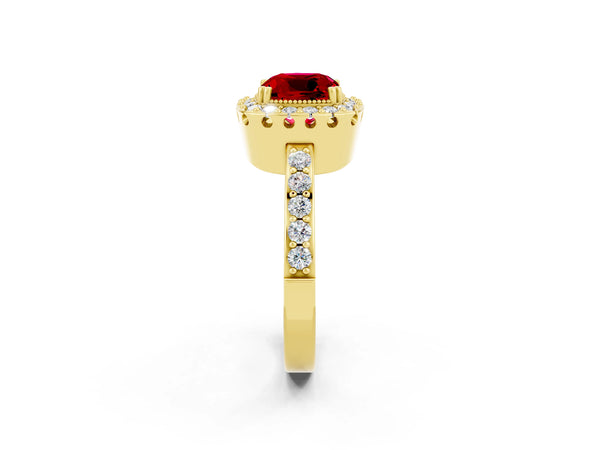Yellow gold Cushion Cut Ruby Halo Ring with Pavé Band and Prong Setting