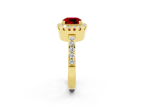 Yellow gold Cushion Cut Ruby Halo Ring with Pavé Band and Prong Setting_2