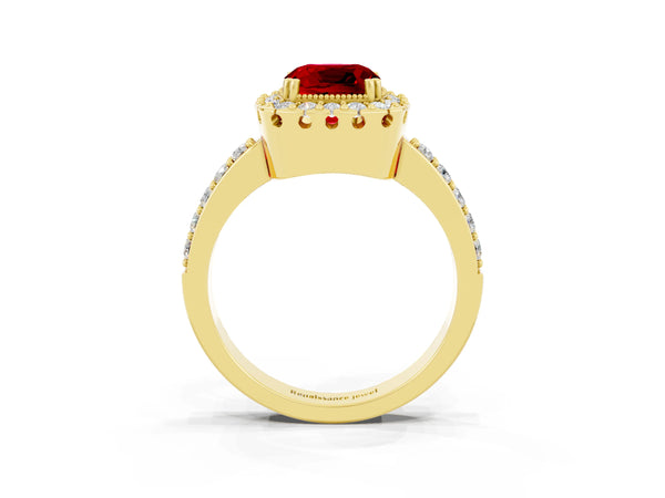 Yellow gold Cushion Cut Ruby Halo Ring with Pavé Band and Prong Setting