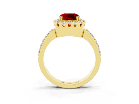 Yellow gold Cushion Cut Ruby Halo Ring with Pavé Band and Prong Setting_3