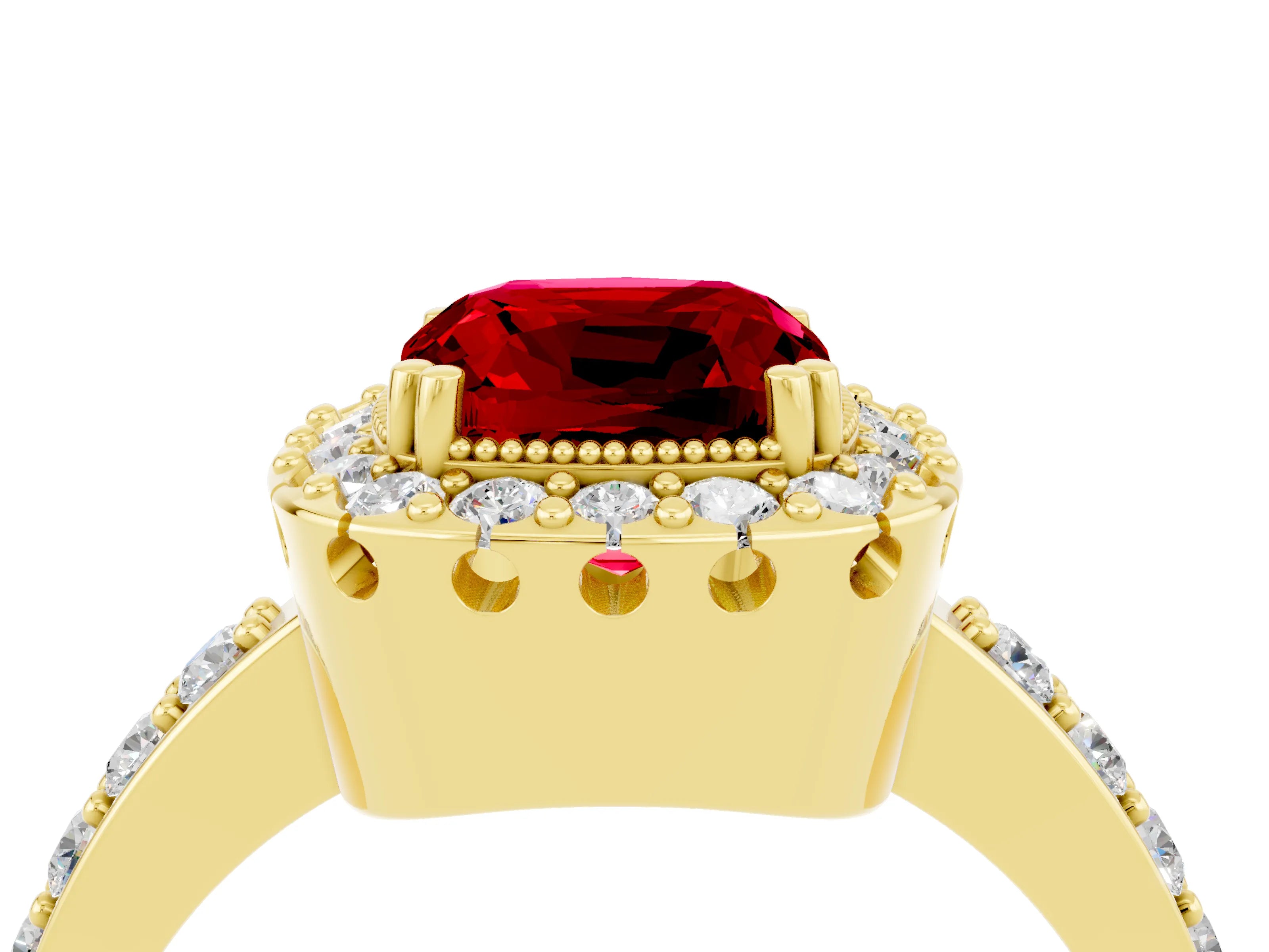 Yellow gold Cushion Cut Ruby Halo Ring with Pavé Band and Prong Setting_4