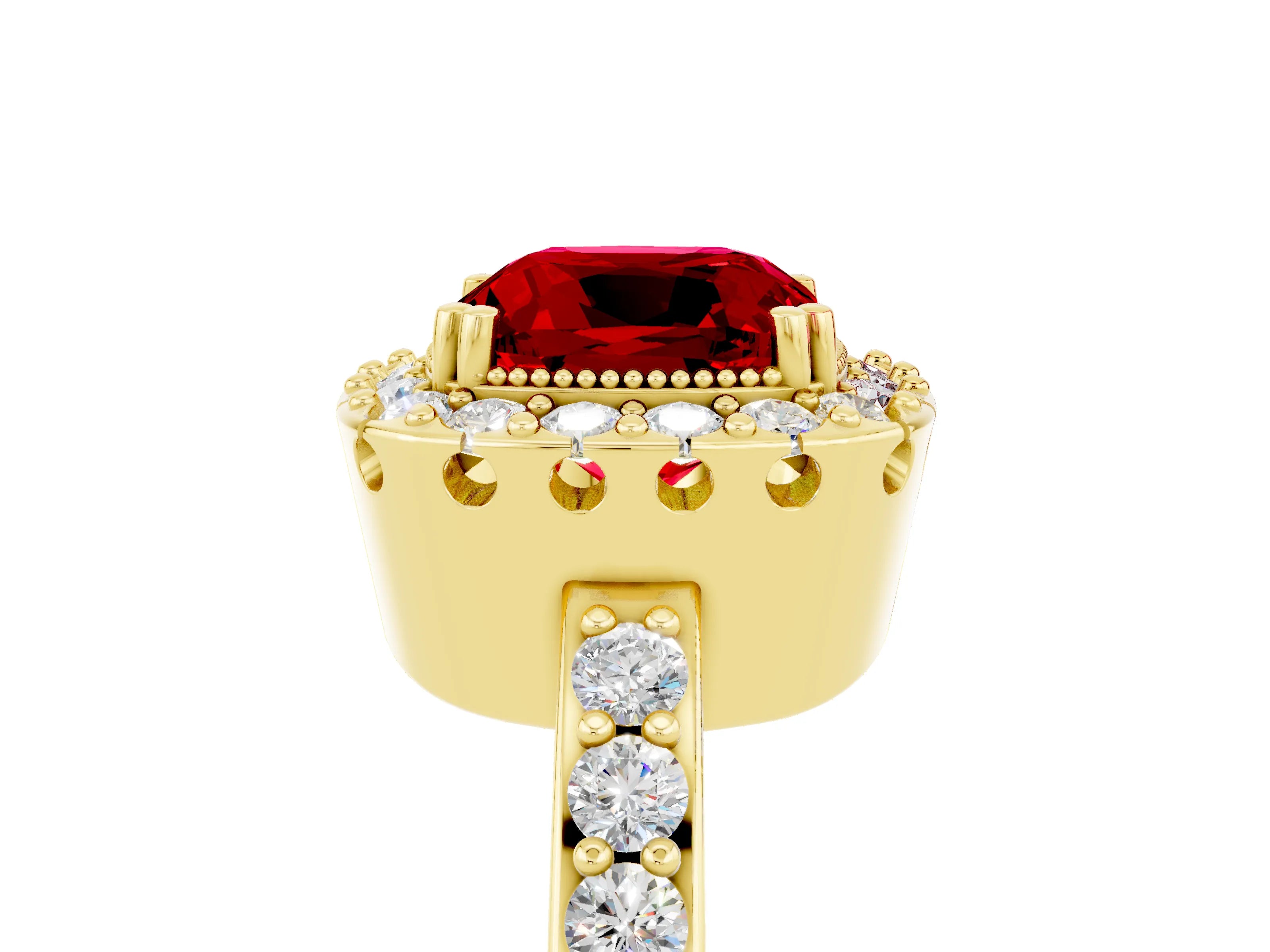 Yellow gold Cushion Cut Ruby Halo Ring with Pavé Band and Prong Setting_5