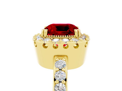 Yellow gold Cushion Cut Ruby Halo Ring with Pavé Band and Prong Setting_5
