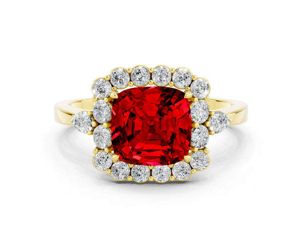 Yellow gold Cushion Cut Ruby Halo Ring with Pear Side Stones and Prong Setting