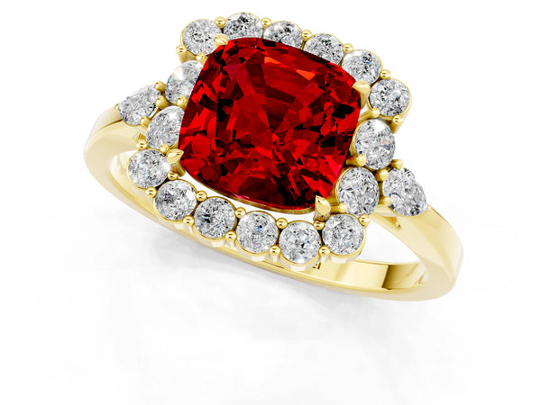 Yellow gold Cushion Cut Ruby Halo Ring with Pear Side Stones and Prong Setting