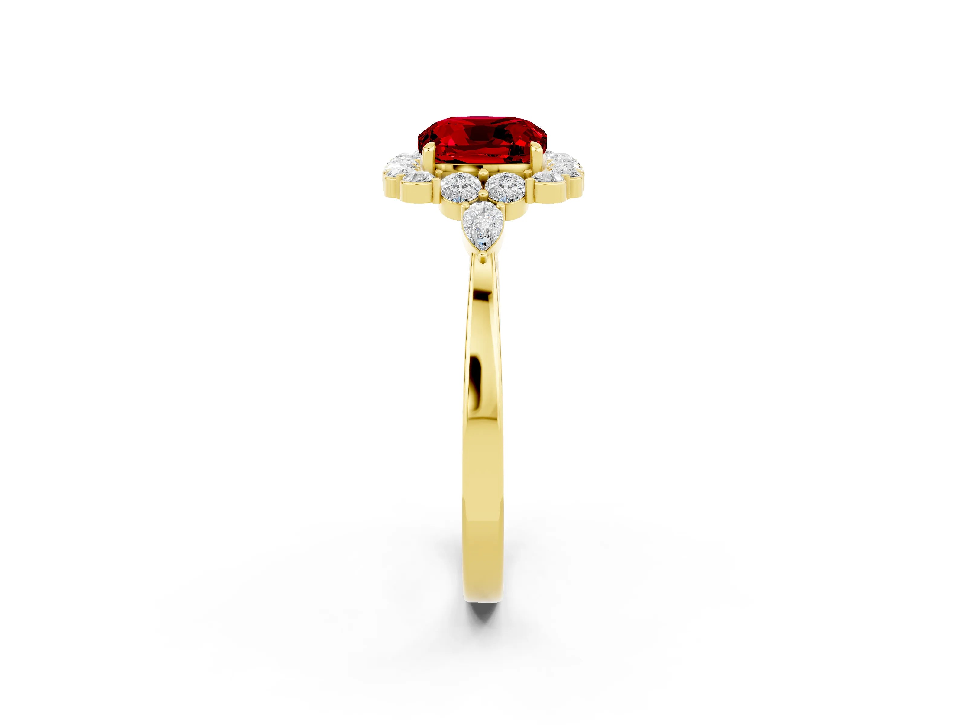 Yellow gold Cushion Cut Ruby Halo Ring with Pear Side Stones and Prong Setting_14