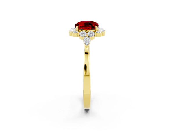 Yellow gold Cushion Cut Ruby Halo Ring with Pear Side Stones and Prong Setting