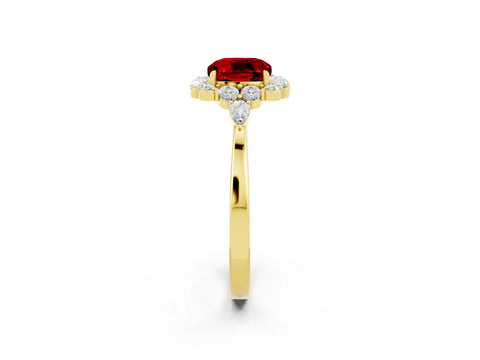 Yellow gold Cushion Cut Ruby Halo Ring with Pear Side Stones and Prong Setting_14