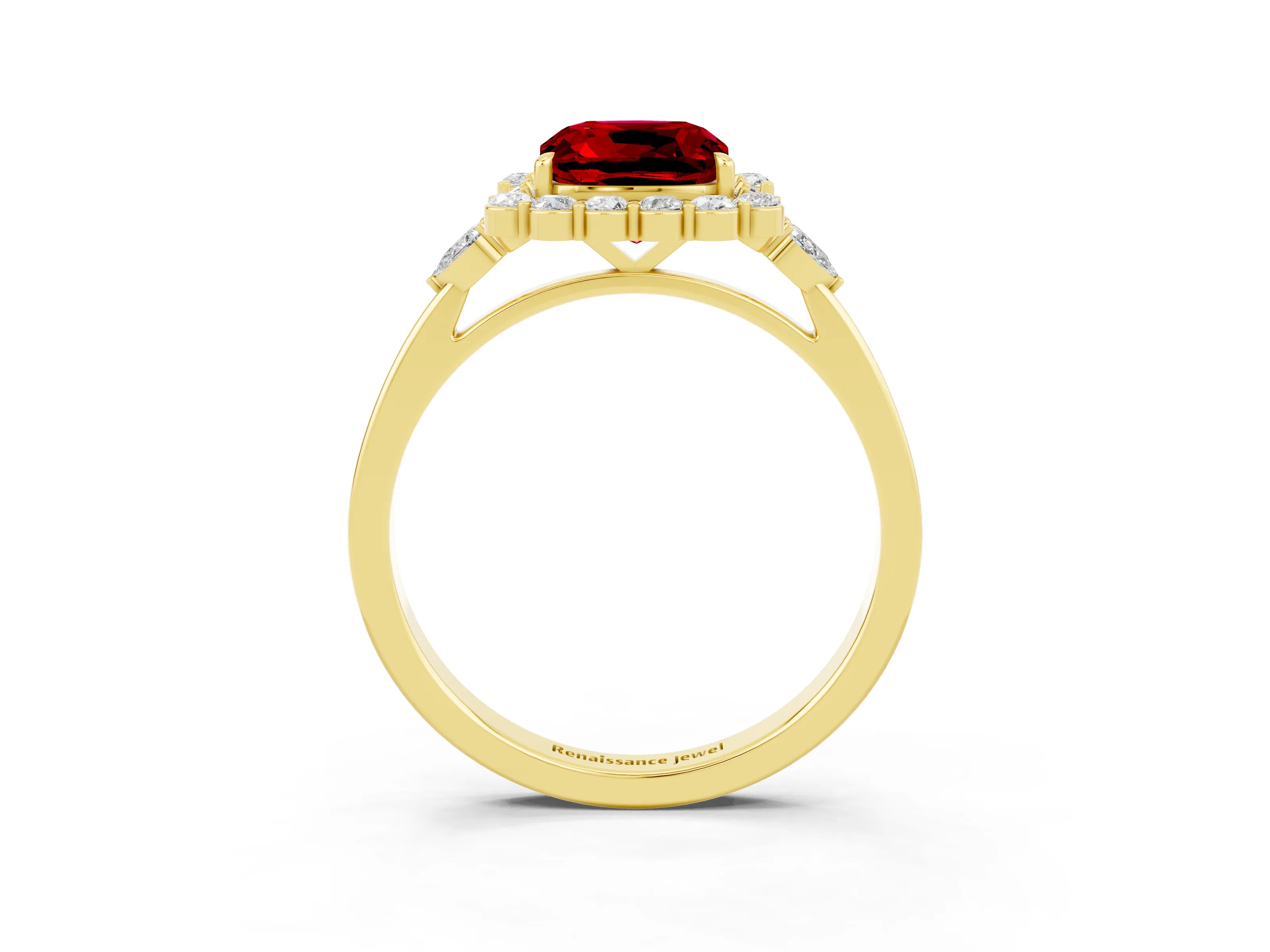 Yellow gold Cushion Cut Ruby Halo Ring with Pear Side Stones and Prong Setting_15