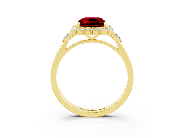 Yellow gold Cushion Cut Ruby Halo Ring with Pear Side Stones and Prong Setting