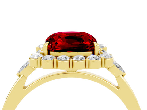 Yellow gold Cushion Cut Ruby Halo Ring with Pear Side Stones and Prong Setting_16