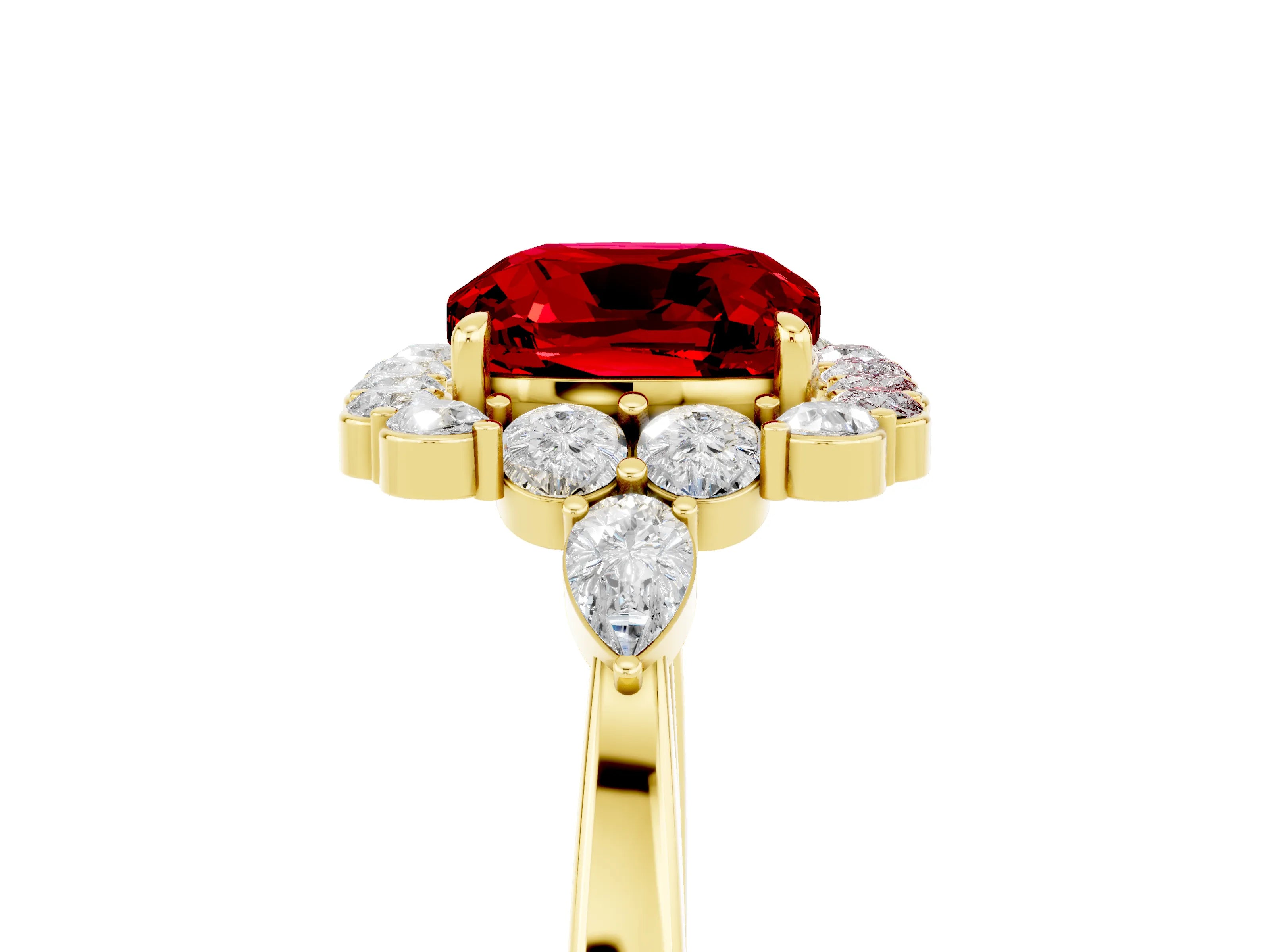Yellow gold Cushion Cut Ruby Halo Ring with Pear Side Stones and Prong Setting_17