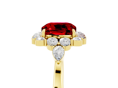 Yellow gold Cushion Cut Ruby Halo Ring with Pear Side Stones and Prong Setting_17