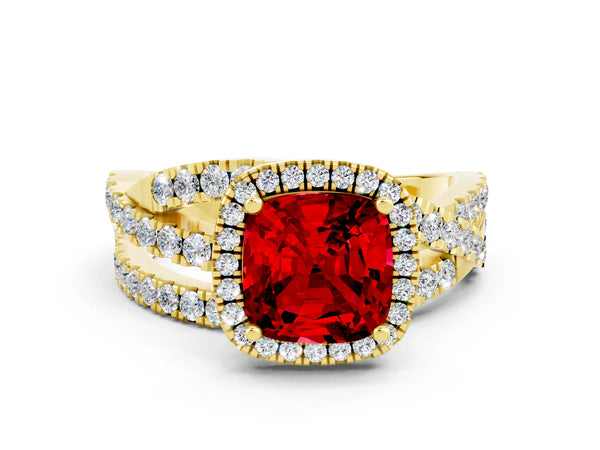 Yellow gold Cushion Cut Ruby Halo Ring with Round Split Shank and Prong Setting