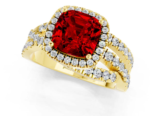 Yellow gold Cushion Cut Ruby Halo Ring with Round Split Shank and Prong Setting
