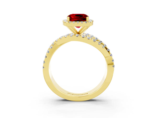 Yellow gold Cushion Cut Ruby Halo Ring with Round Split Shank and Prong Setting