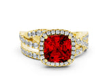Yellow gold Cushion Cut Ruby Halo Ring with Round Split Shank and Prong Setting_48