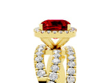 Yellow gold Cushion Cut Ruby Halo Ring with Round Split Shank and Prong Setting_53