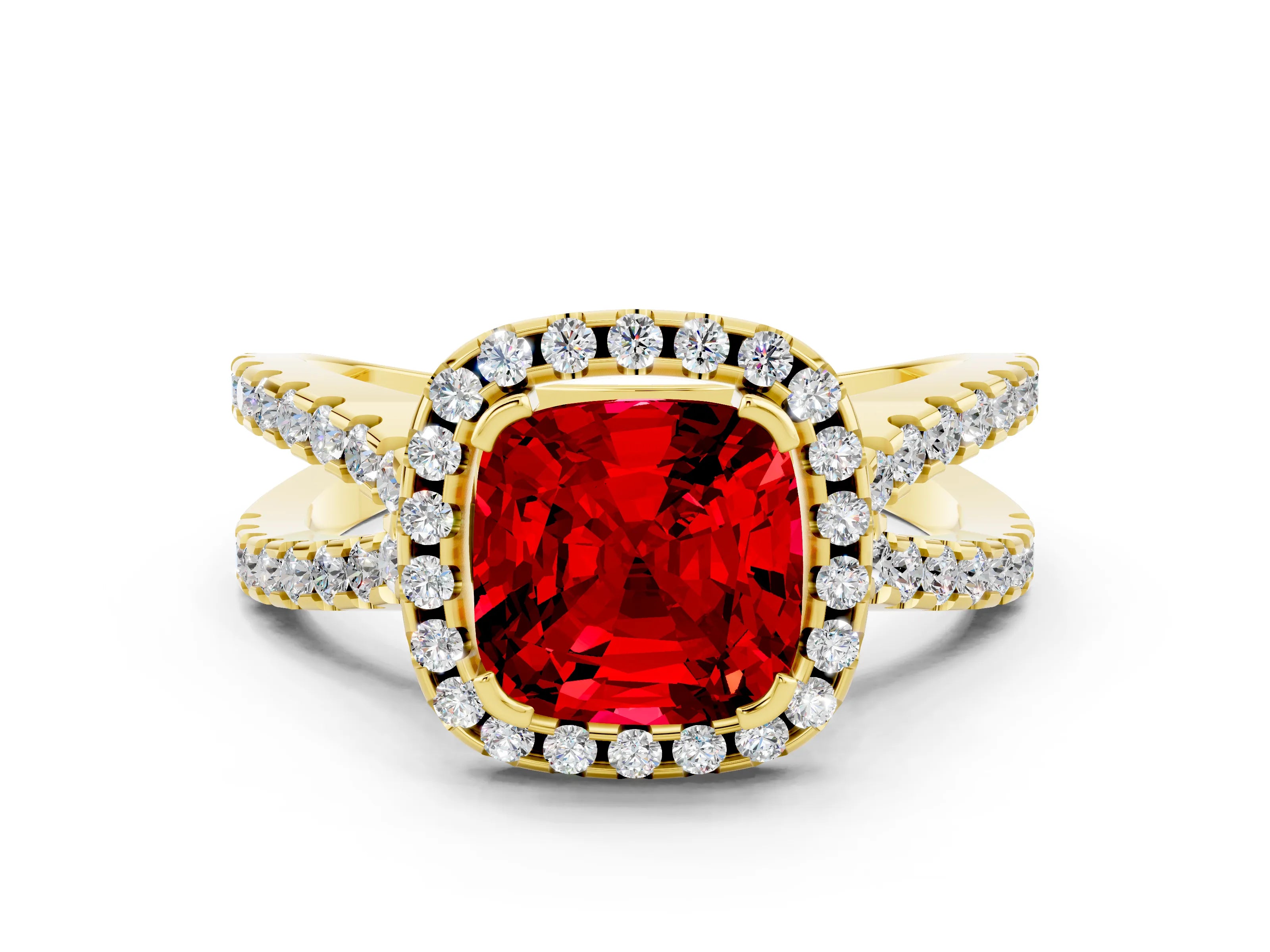 Yellow gold Cushion Cut Ruby Halo Ring with Split Shank Pavé Band and Prong Setting