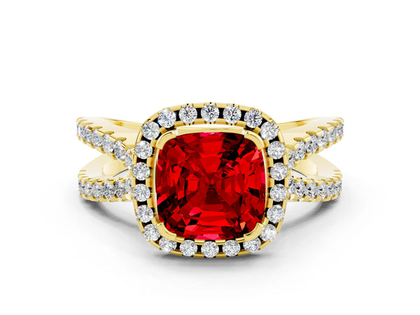 Yellow gold Cushion Cut Ruby Halo Ring with Split Shank Pavé Band and Prong Setting
