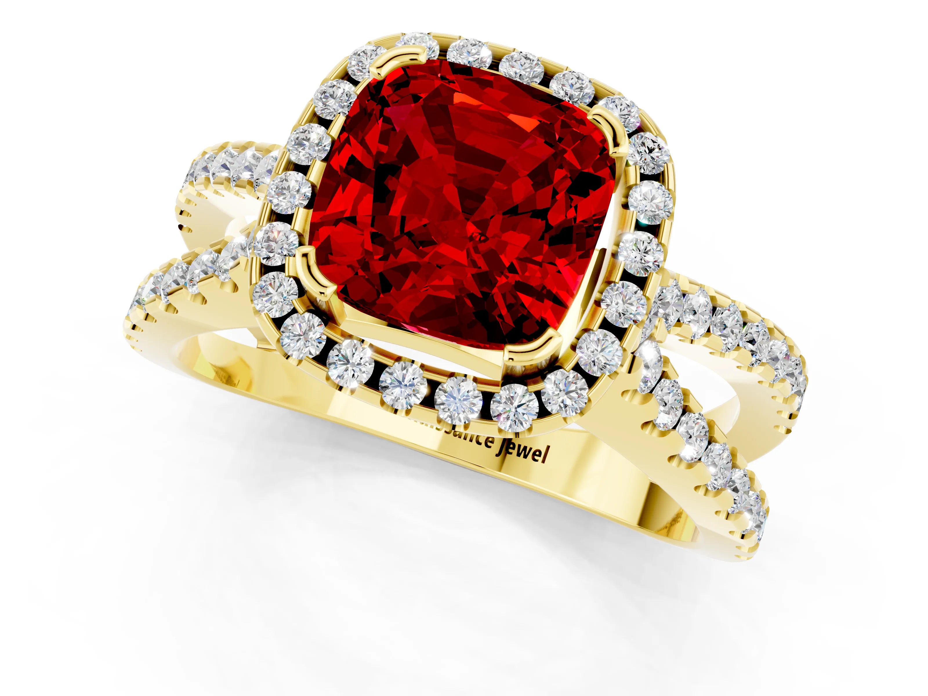 Yellow gold Cushion Cut Ruby Halo Ring with Split Shank Pavé Band and Prong Setting_1