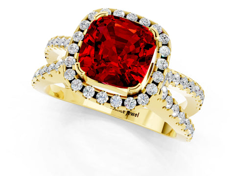 Yellow gold Cushion Cut Ruby Halo Ring with Split Shank Pavé Band and Prong Setting_1