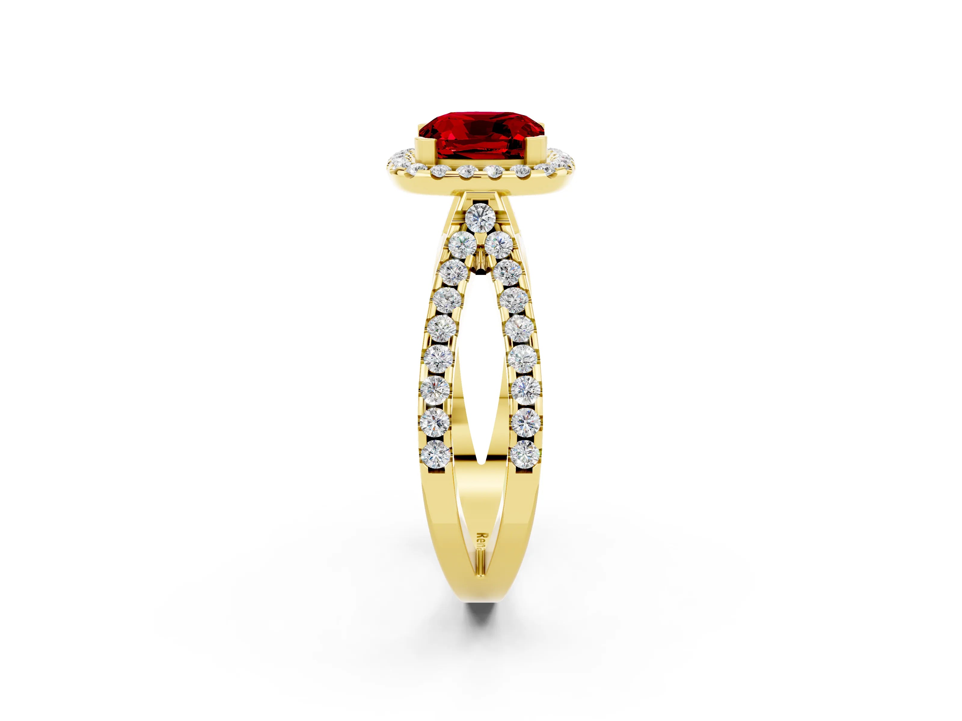 Yellow gold Cushion Cut Ruby Halo Ring with Split Shank Pavé Band and Prong Setting_2