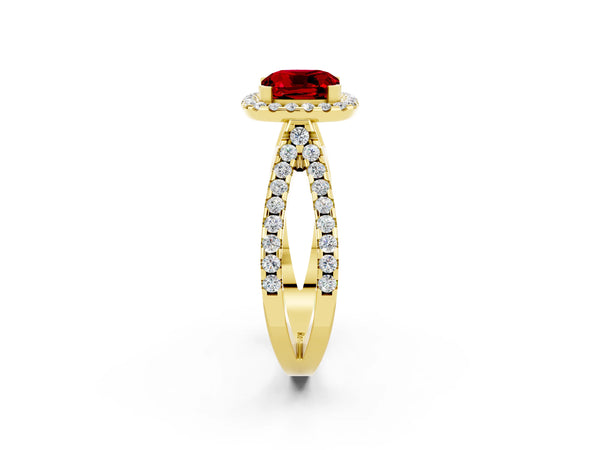 Yellow gold Cushion Cut Ruby Halo Ring with Split Shank Pavé Band and Prong Setting