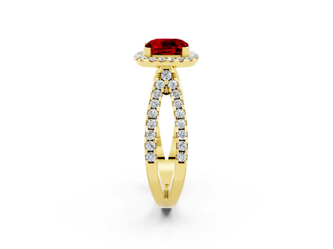 Yellow gold Cushion Cut Ruby Halo Ring with Split Shank Pavé Band and Prong Setting_2