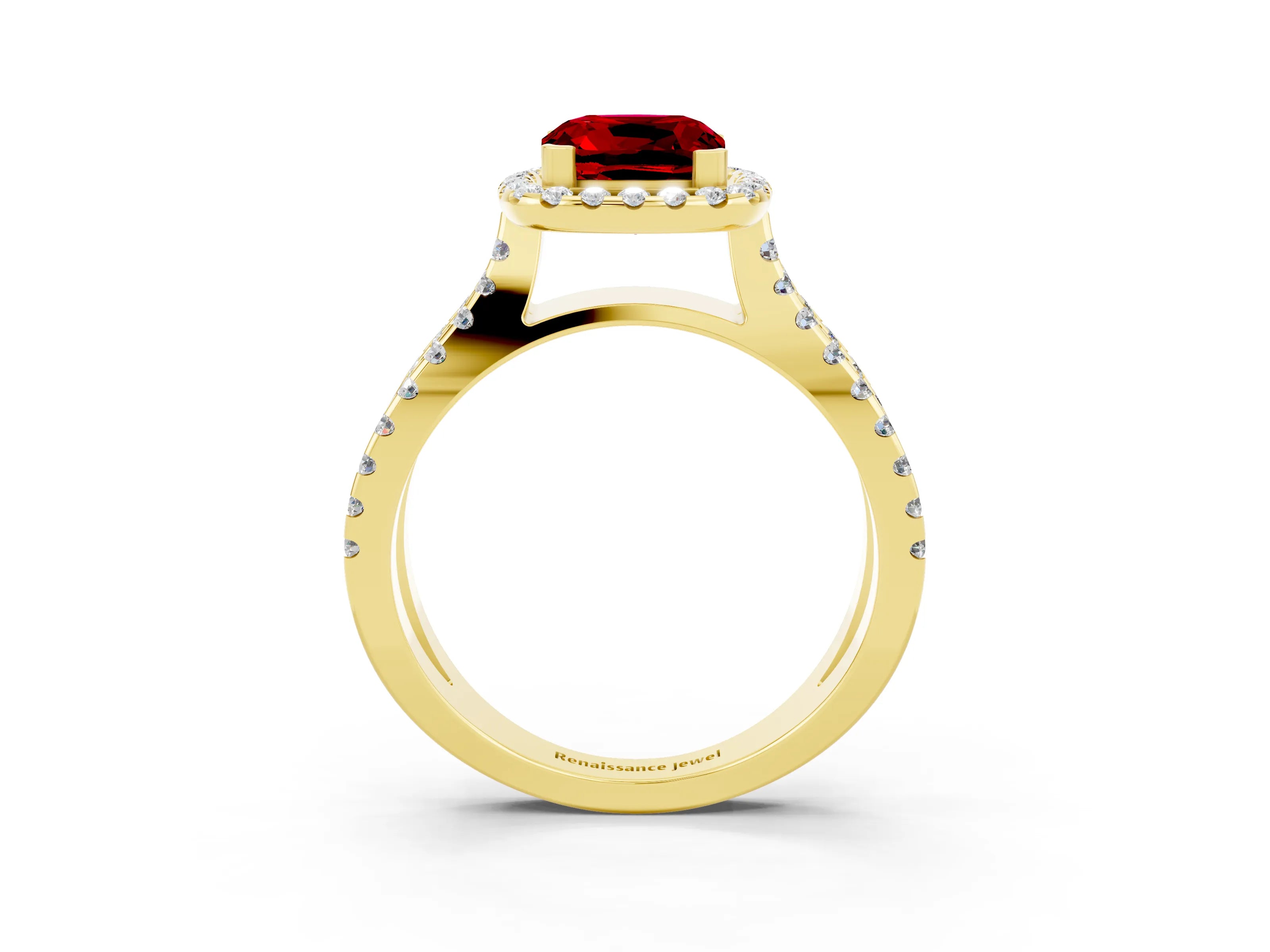 Yellow gold Cushion Cut Ruby Halo Ring with Split Shank Pavé Band and Prong Setting_3