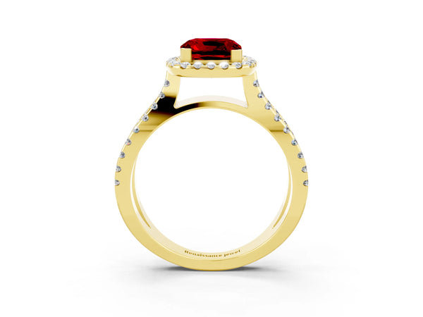 Yellow gold Cushion Cut Ruby Halo Ring with Split Shank Pavé Band and Prong Setting